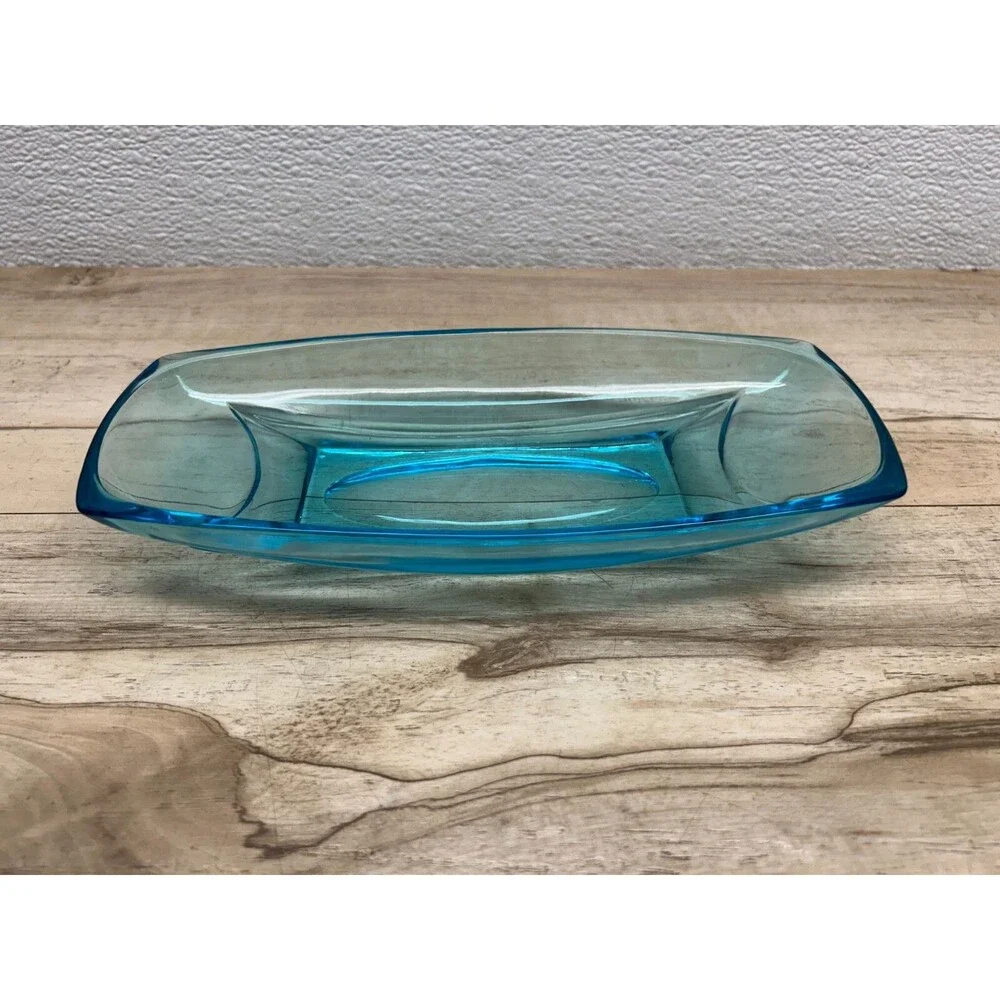 Vtg 1960s Hazel Atlas Turquoise Capri Blue Glass Serving Dishes Set Of 2